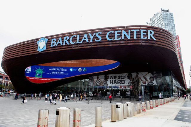 The Barclays Center has a Vote NYC graphics on its oculus